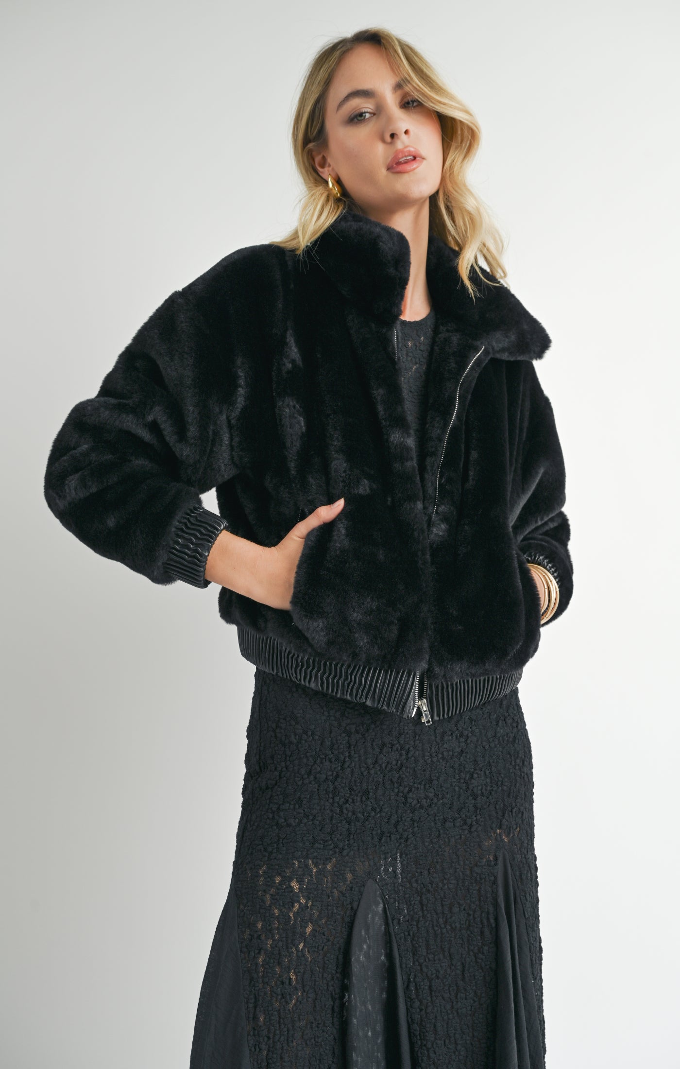 SAGE THE LABEL Daring Vegan Fur Zip Up Jacket