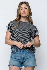 Load image into Gallery viewer, Black and white striped tee with crew neck and rolled sleeves
