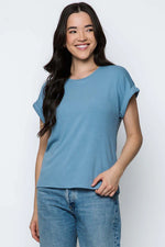 Load image into Gallery viewer, Blue woman's dolman tee with rolled sleeve
