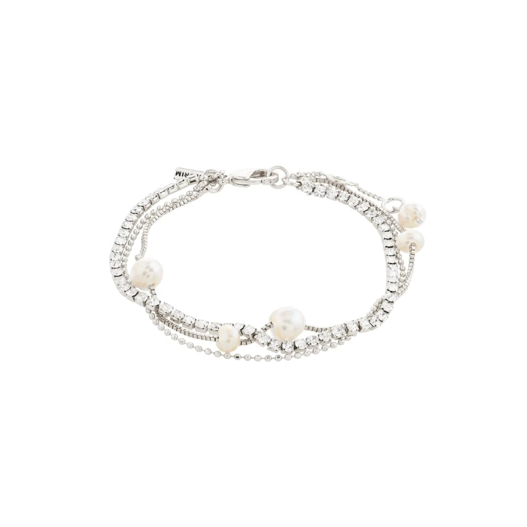 Silver bracelet with pearls and crystals  on a white background
