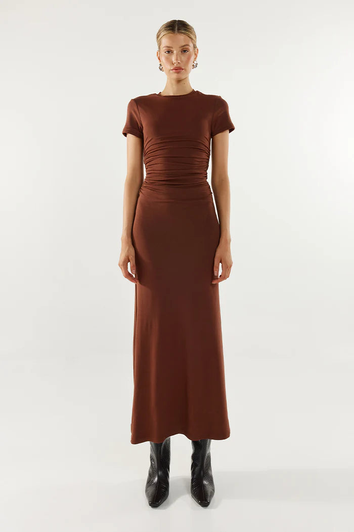 Brown maxi dress with ruching at waist.