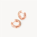 Load image into Gallery viewer, Rose gold hoop earrings with small diamonds on a white background
