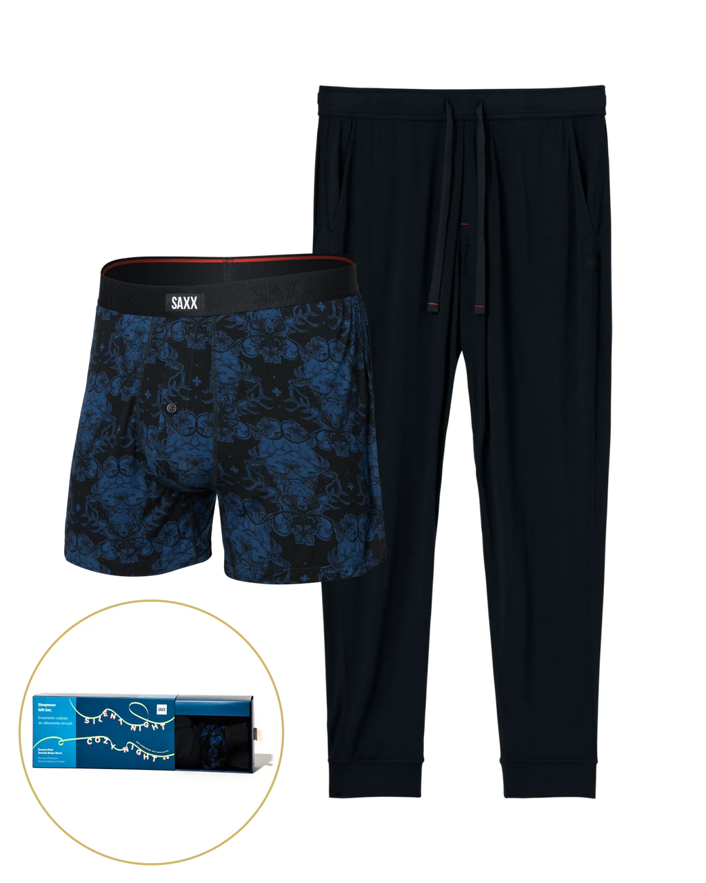 Blue camouflage boxer briefs and black pants with a small inset of a giftbox on a white background