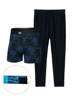 Load image into Gallery viewer, Blue camouflage boxer briefs and black pants with a small inset of a giftbox on a white background
