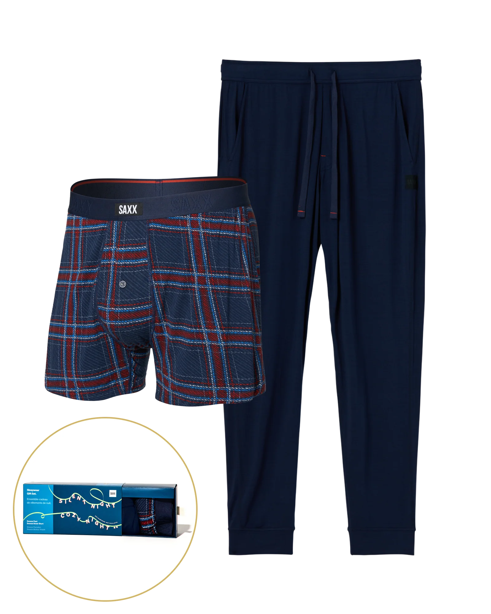 Navy plaid boxer briefs and pants with SAXX logo on a white background