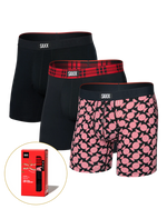 Load image into Gallery viewer, Three pairs of SAXX underwear with different holiday theme designs on a white background.
