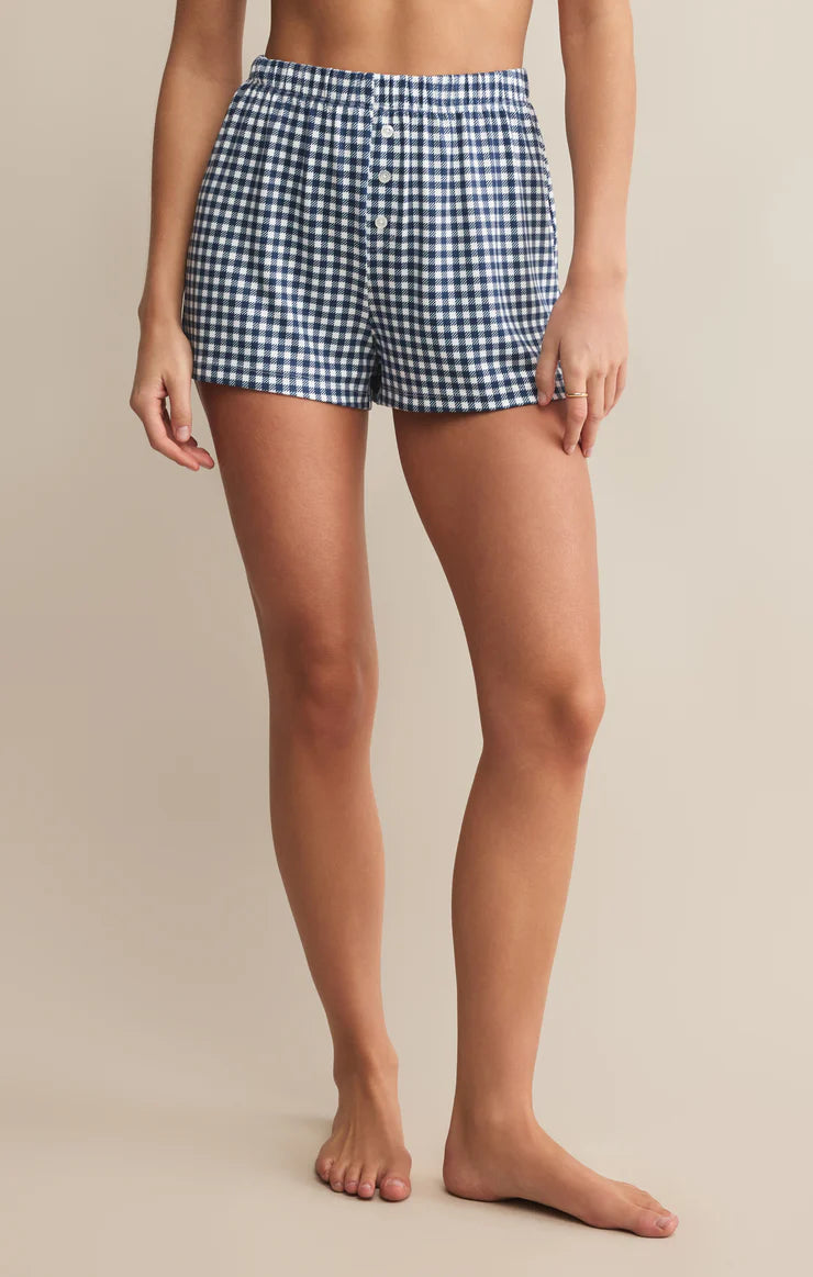 Blue gingham lounge shorts with button detail