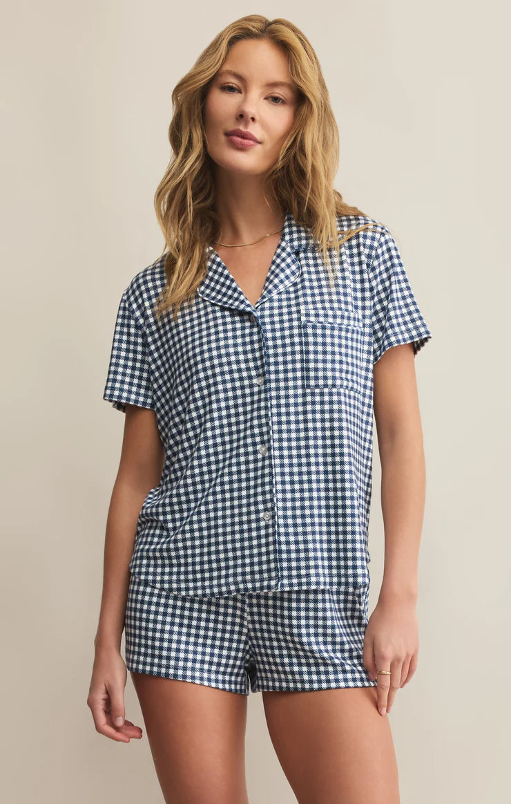 Blue gingham printed tailored buttoned closure short sleeve pj top