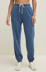 Load image into Gallery viewer, Blue jogger sweatpants  worn by a person on a beige background
