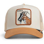 Load image into Gallery viewer, Beige trucker hat with goat patch. 
