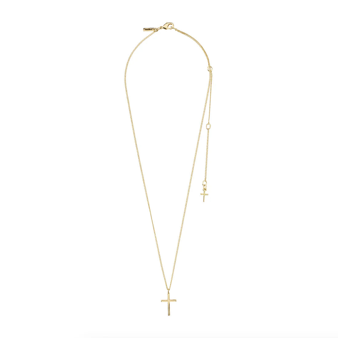 Gold necklace with a cross pendant on a white background
