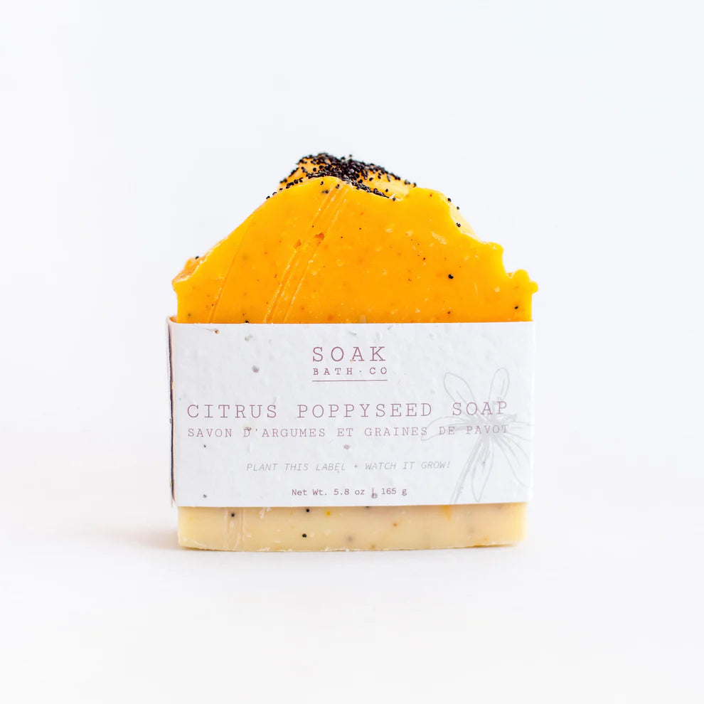 Citrus poppyseed soap bar with visible branding on a white background