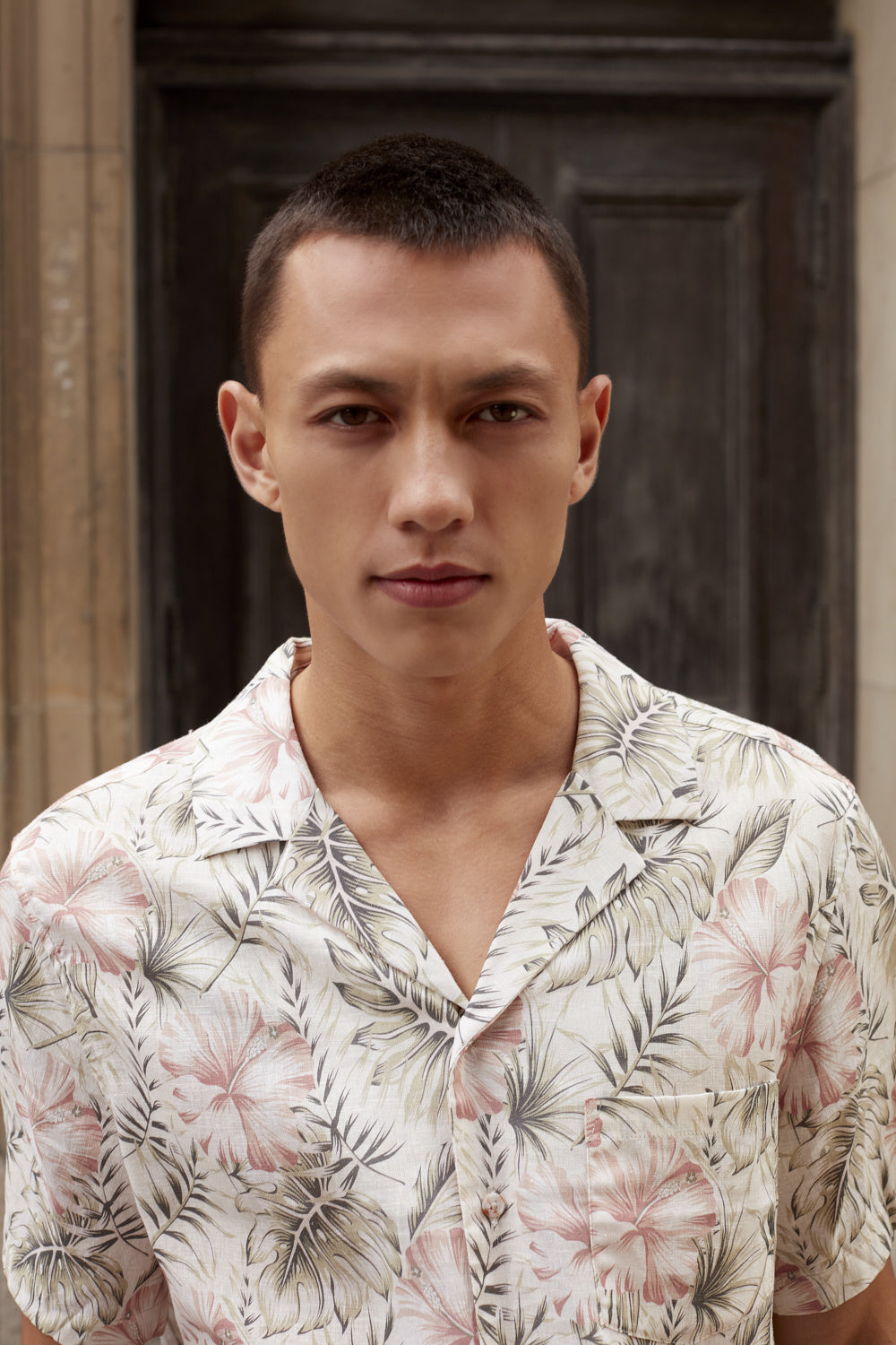 HEDGE Woven Palm Leaf Button Up Shirt