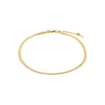 Load image into Gallery viewer, Gold-plated flat snake chain, also known as a herringbone chain, as an anklet. 
