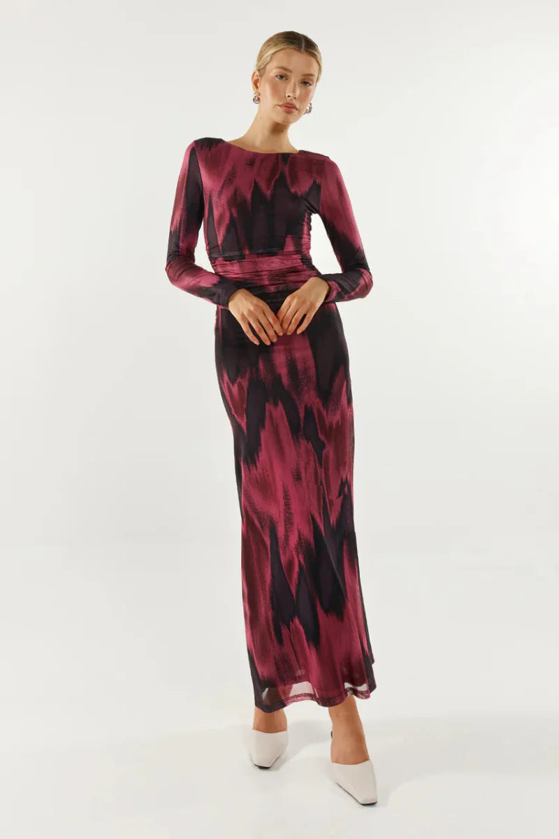 Burgundy and black maxi dress with scoop neckline, ruched sides, and long sleeves.  