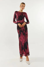 Load image into Gallery viewer, Burgundy and black maxi dress with scoop neckline, ruched sides, and long sleeves.  
