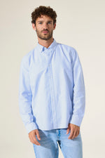 Load image into Gallery viewer, Blue with white stripped men's oxford shirt. 
