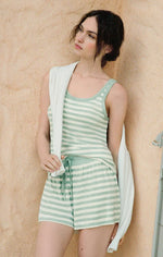 Load image into Gallery viewer, Woman wearing a striped green and white lounge tank and drawstring short set

