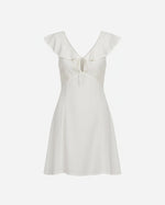 Load image into Gallery viewer, White dress with ruffled shoulders on a white background
