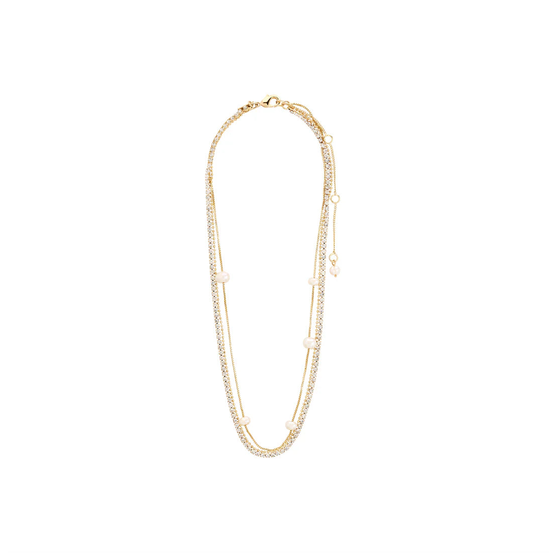 3 in 1 gold necklace with lobster clasp. Freshwater pearls and crystal chains. 