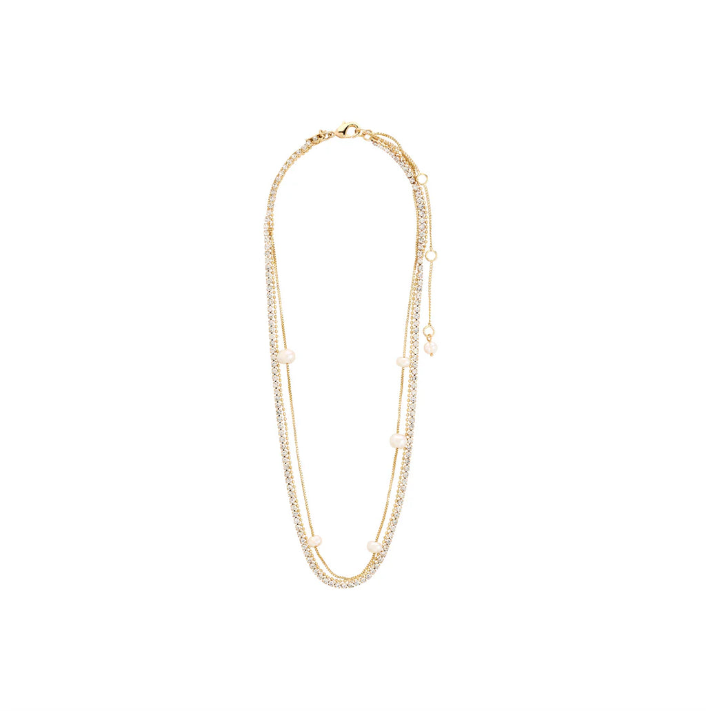 3 in 1 gold necklace with lobster clasp. Freshwater pearls and crystal chains. 