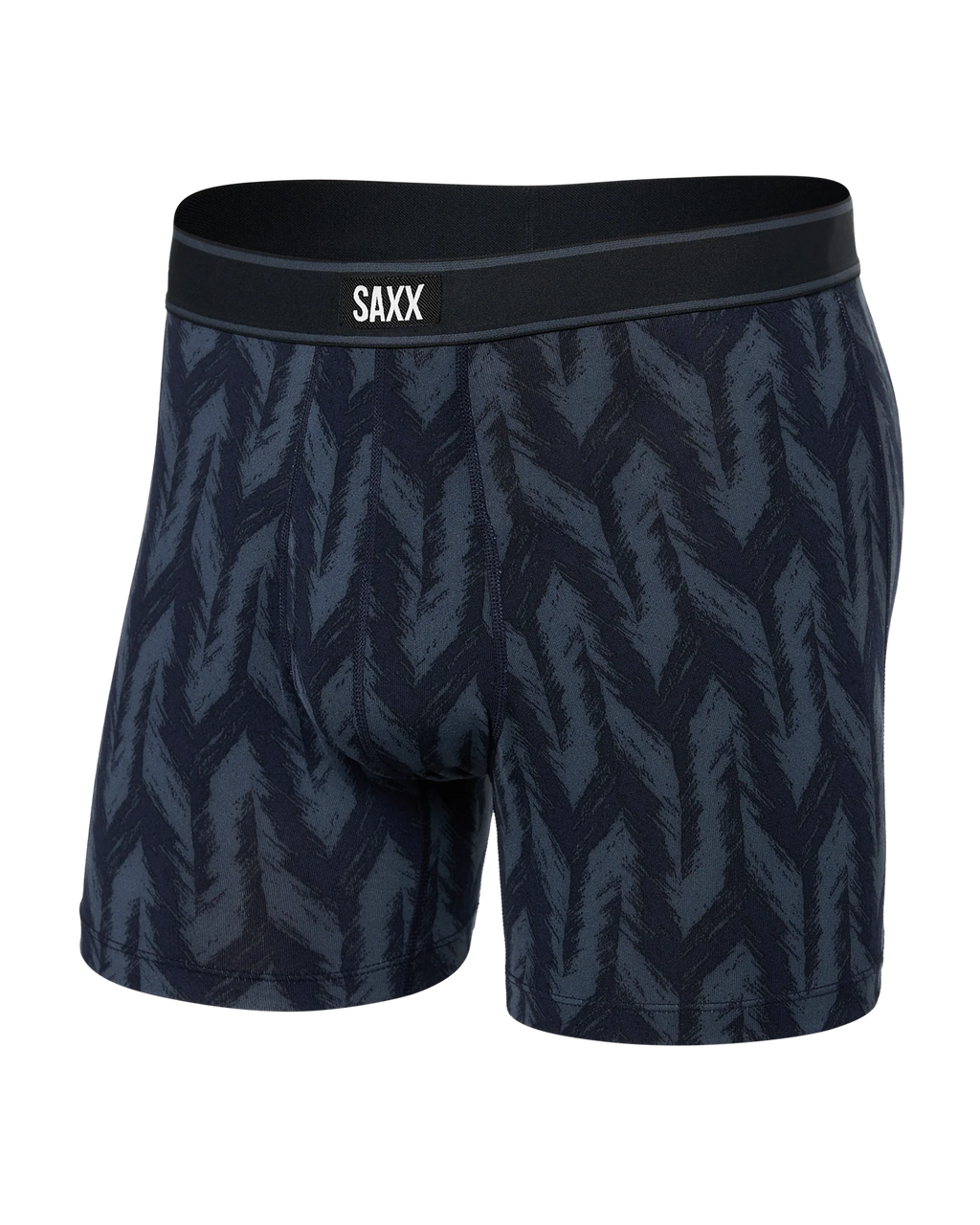 Navy Ikat patterned boxer briefs with 'SAXX' branding on a white background