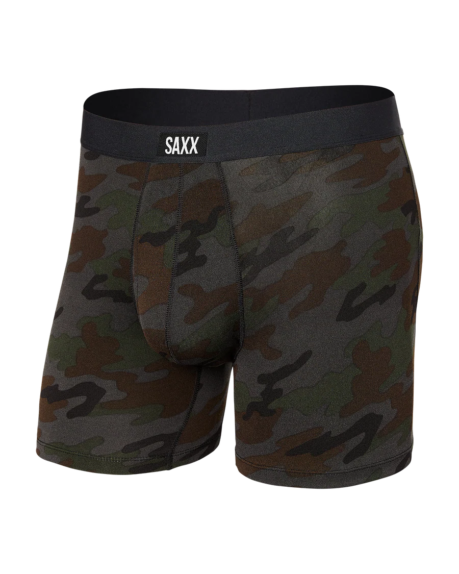Camouflage boxer briefs with black waistband on a white background