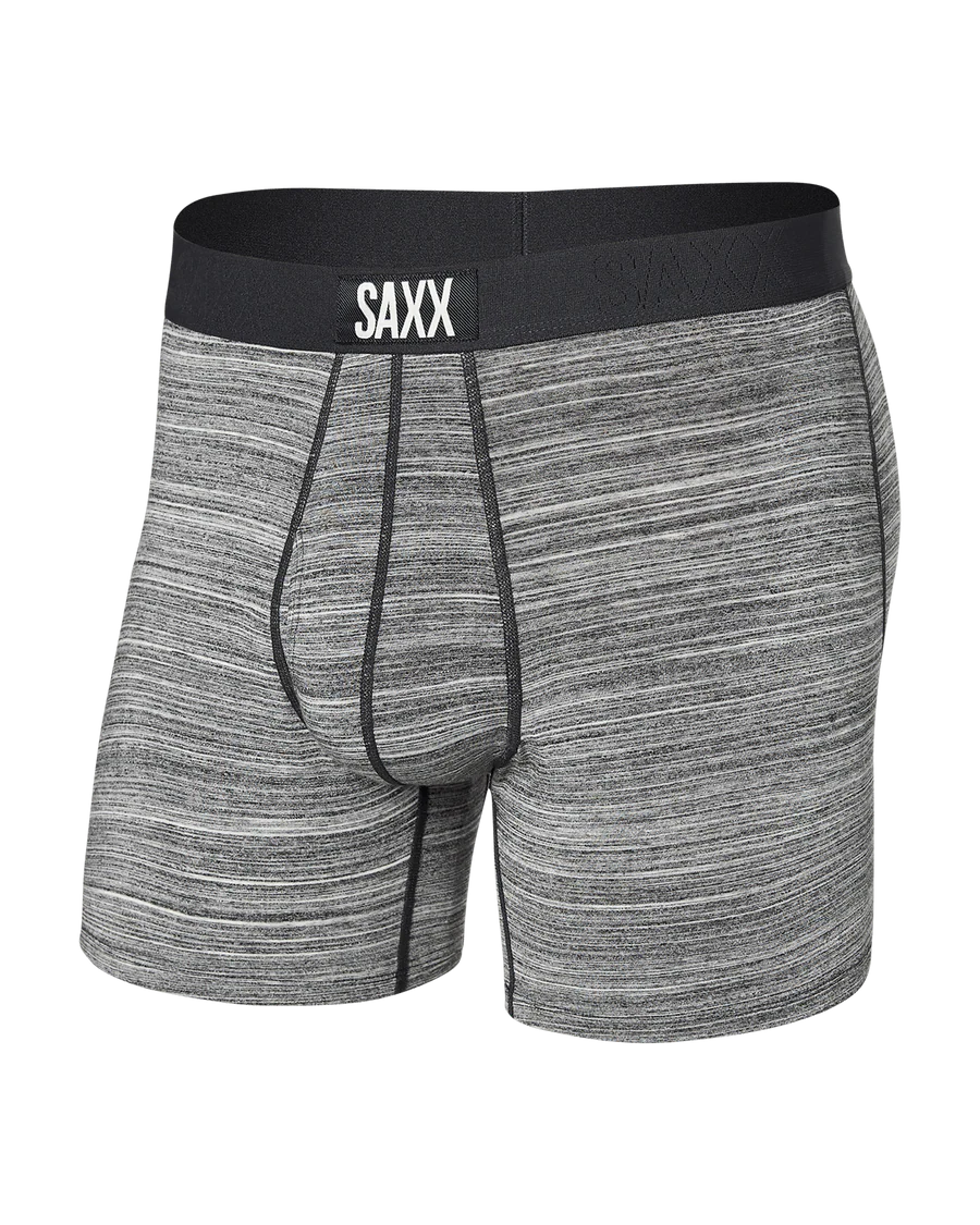 Gray boxer briefs with black waistband featuring SAXX logo on a white background
