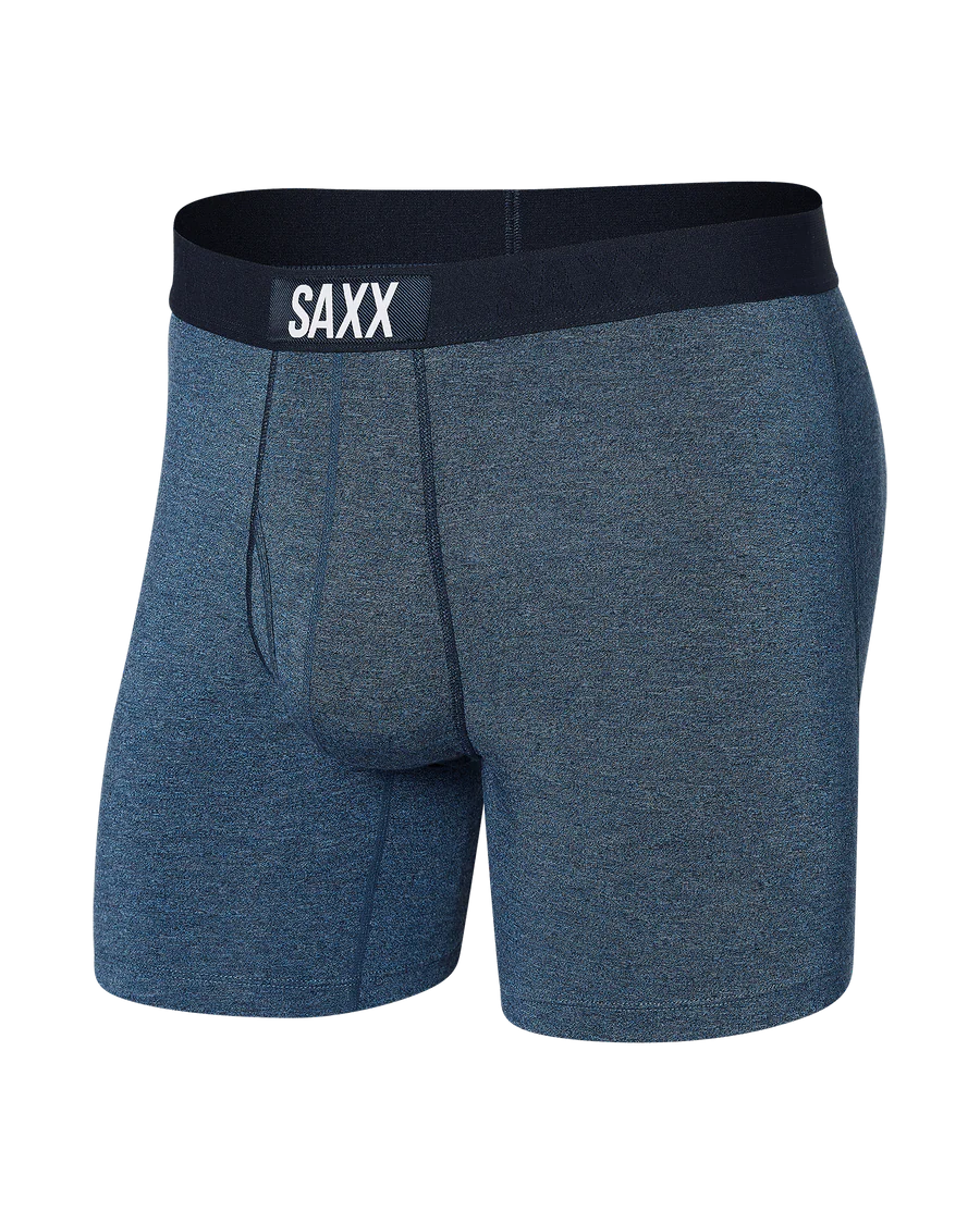 Blue boxer briefs with black waistband featuring 'SAXX' brand on a white background