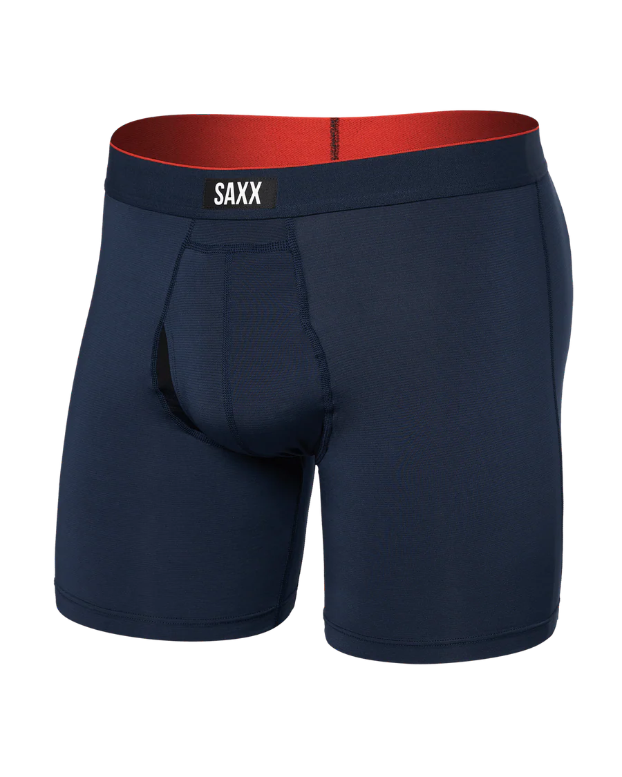 Navy boxer briefs with red waistband on a white background
