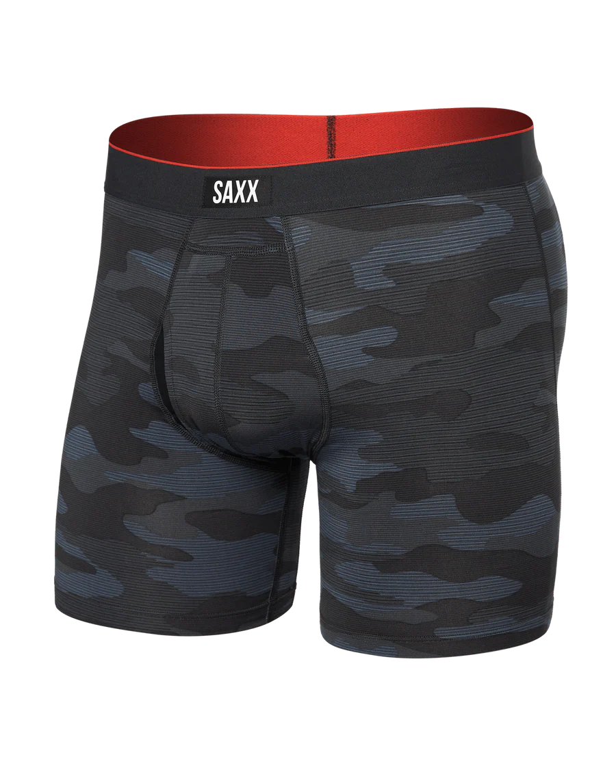 Camouflage-patterned boxer briefs with red waistband and SAXX branding on a white background