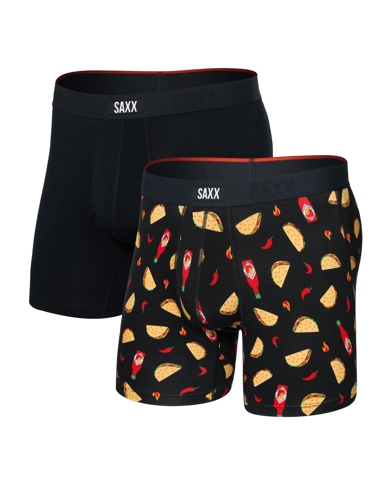 Two pairs of SAXX boxer briefs, one black with brand logo, the other with taco pattern.