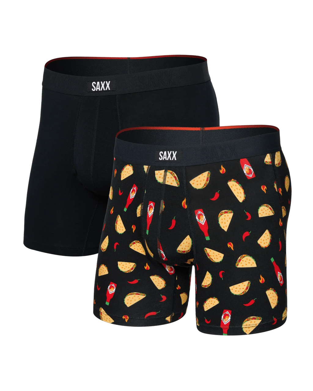 Two pairs of SAXX boxer briefs, one black with brand logo, the other with taco pattern.