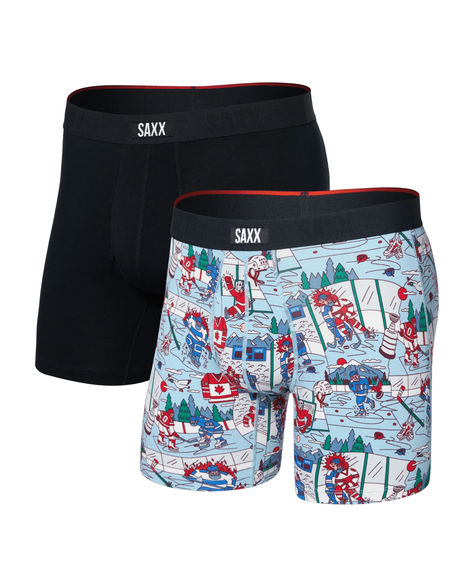 Two pairs of SAXX underwear, one black and one with a colorful hockey pattern, on a white background.
