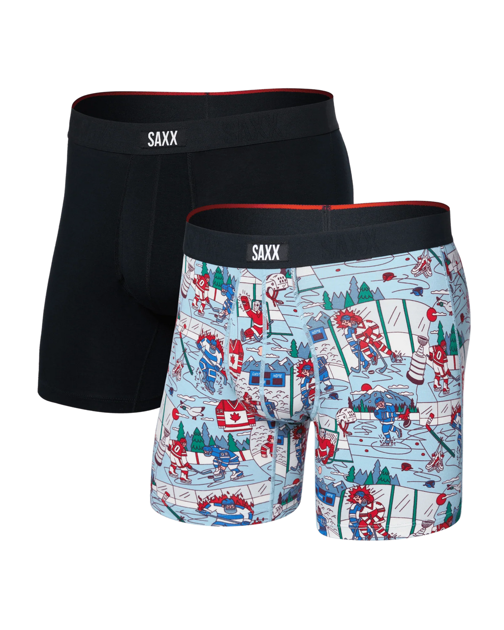 Two pairs of SAXX underwear, one black and one with a colorful hockey pattern, on a white background.