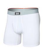 Load image into Gallery viewer, White boxer briefs with a gray waistband featuring the SAXX brand logo on a white background.
