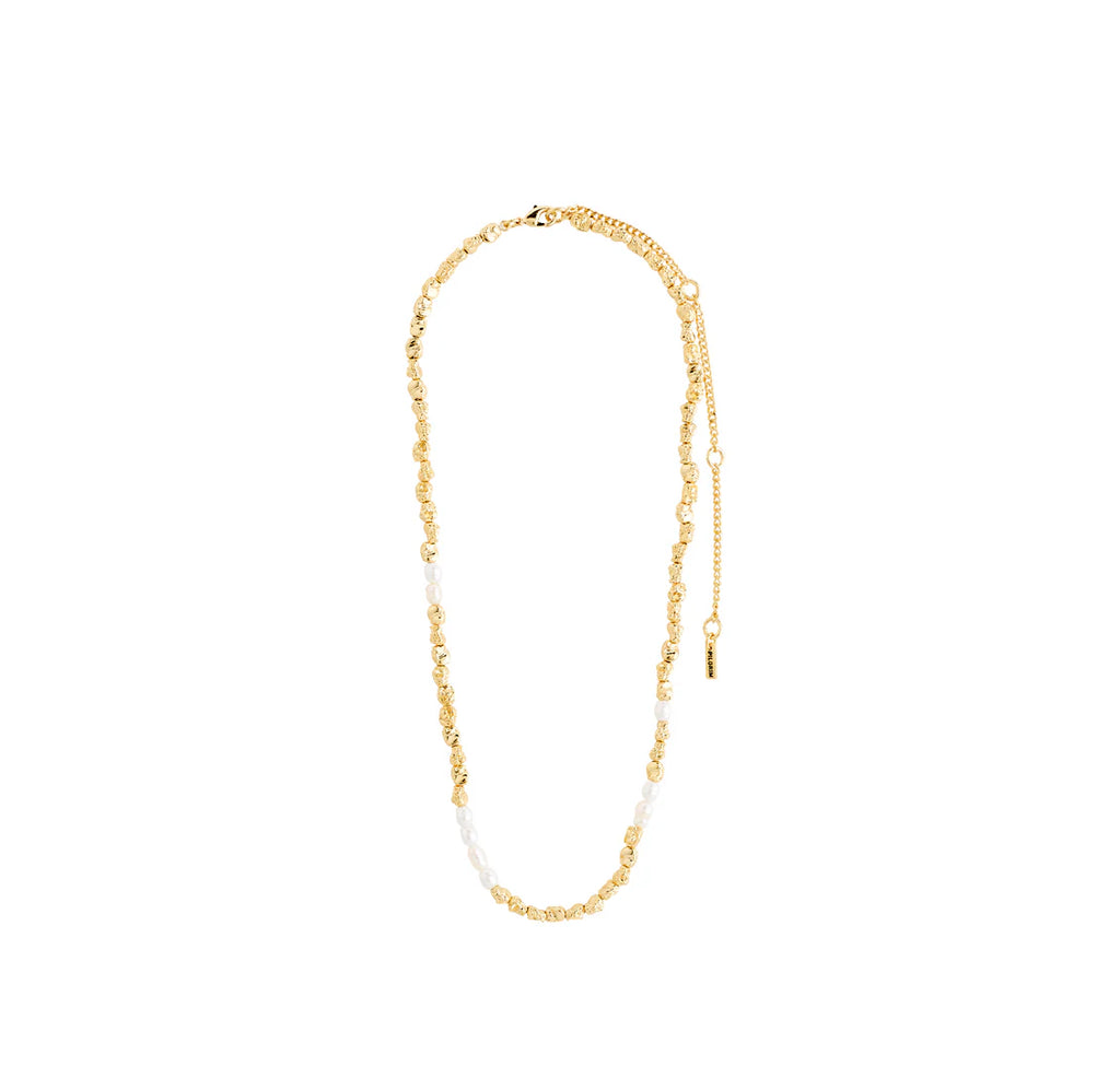 Gold necklace with mother of pearl beads on a white background.