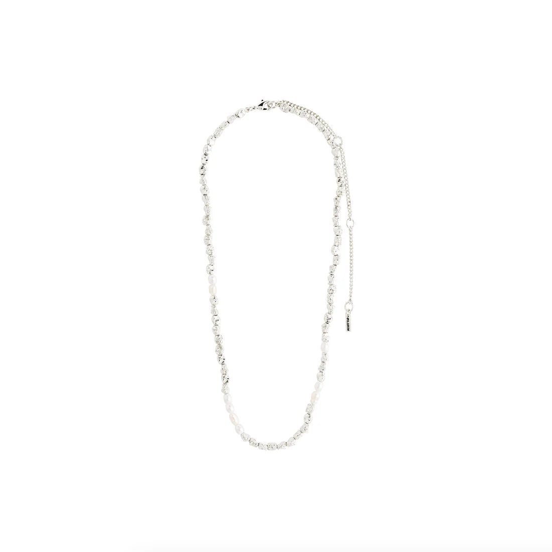 Silver necklace with mother of pearl beads on a white background.