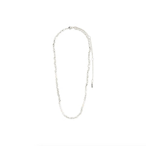 Silver necklace with mother of pearl beads on a white background.