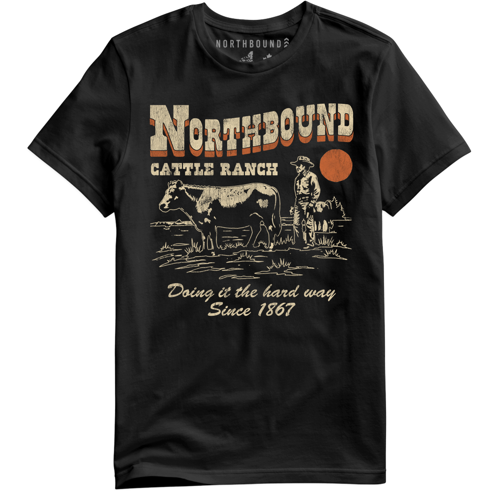 Black graphic tee with cowboy and cow along with Northbound logo