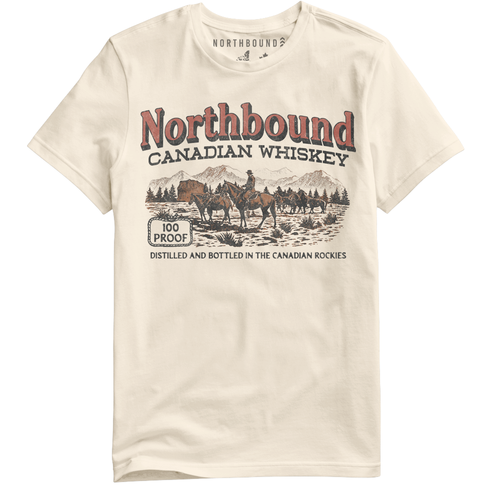 White graphic  tee with northbound logo, and western Rocky Mountain scene. 