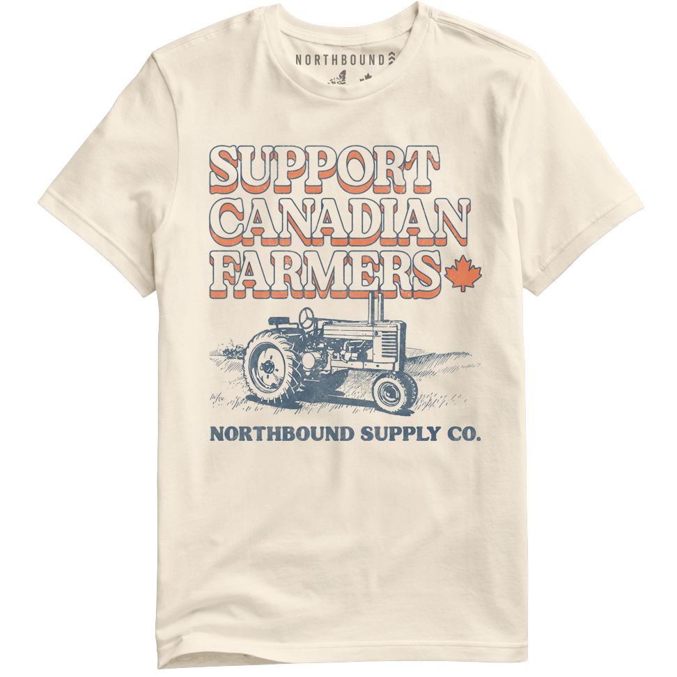 Beige t-shirt with 'Support Canadian Farmers' text and tractor graphic on a white background