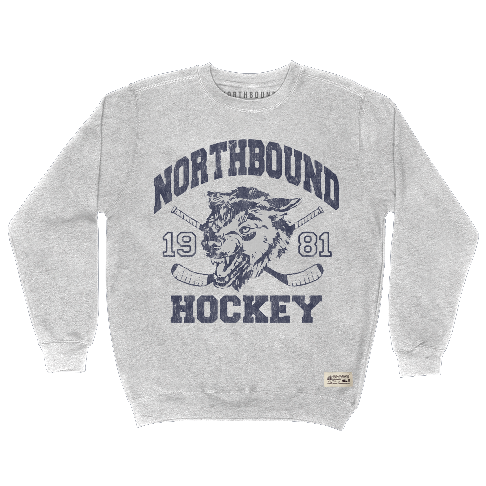 Gray sweatshirt with 'Northbound Hockey' graphic on a white background