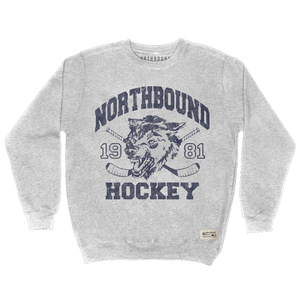 Gray sweatshirt with 'Northbound Hockey' graphic on a white background