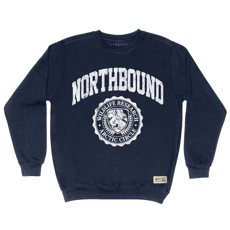 Navy blue sweatshirt with 'Northbound' text and logo on a white background