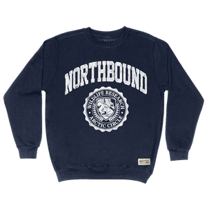 Navy blue sweatshirt with 'Northbound' text and logo on a white background