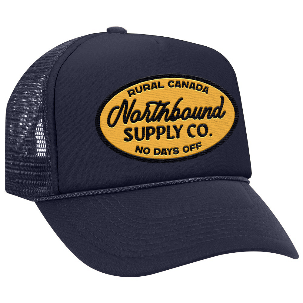Navy blue cap with yellow and black text logo on a white background