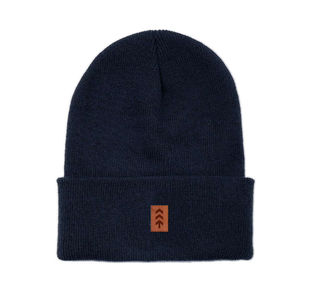 Navy beanie with a brown logo patch on a white background