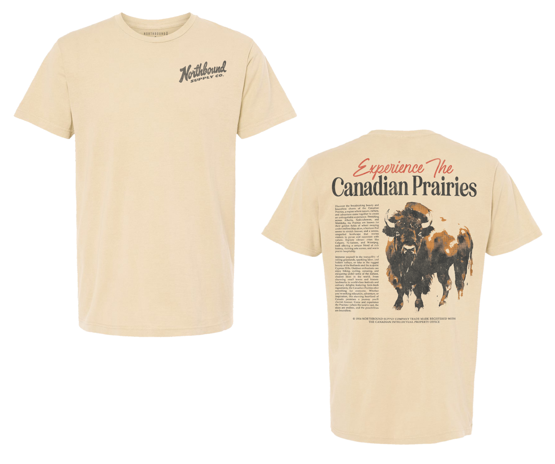 Beige t-shirt with Northbound brand logo on front and Canadian prairie design on back