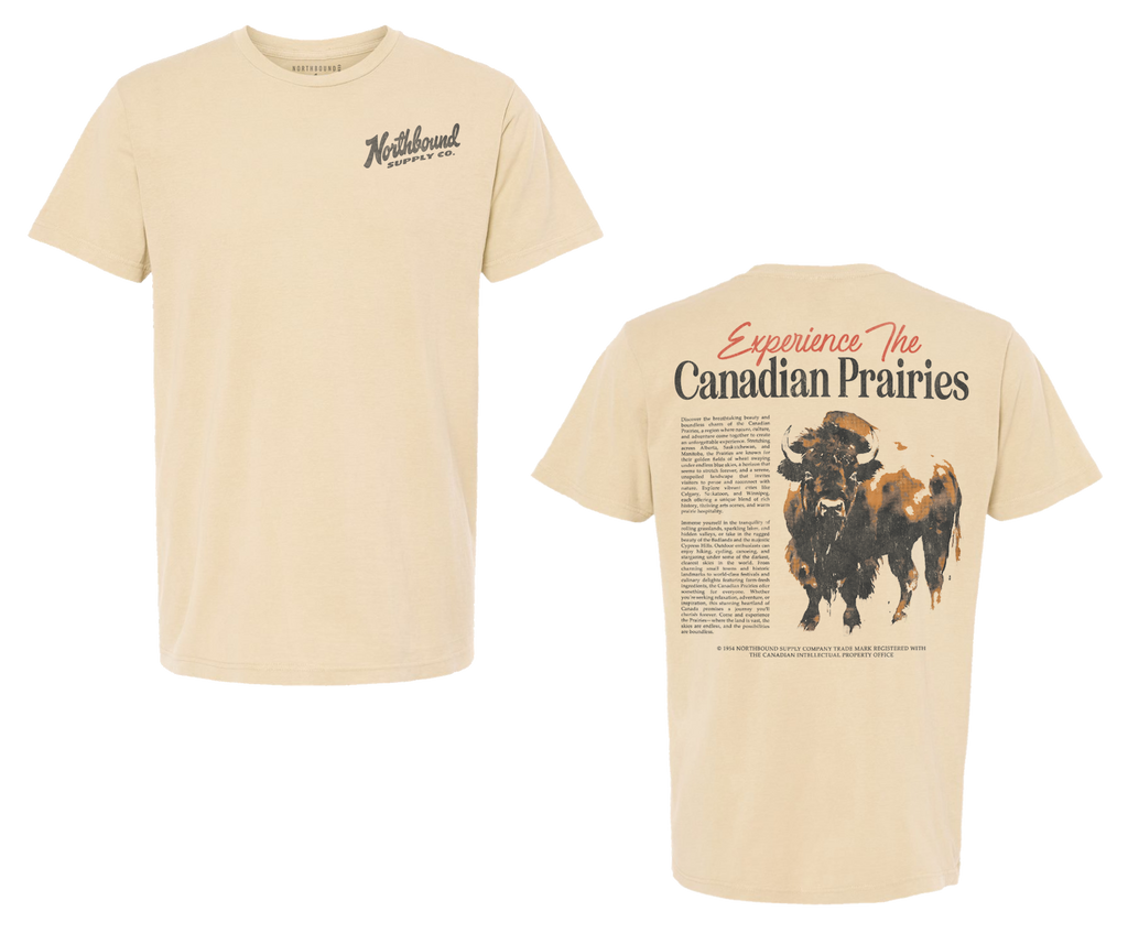 Beige t-shirt with Northbound brand logo on front and Canadian prairie design on back